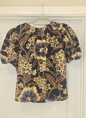 NWOT Ulla Johnson Black Floral Puff-Sleeve Blouse with Gold & Blue Print
